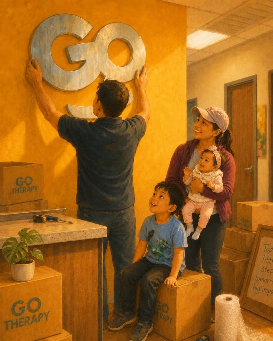 The GO Therapy founders hanging the Go sign on the clinic's bright orange wall when it opened in 2021